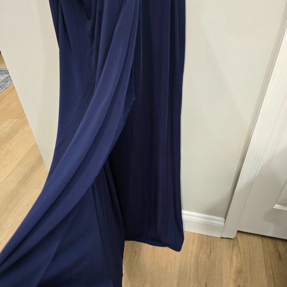 *La Femme* Size 18 - Navy Blue Ruched Off the Shoulder Jersey Column Gown $348 - Picture 7 of 8